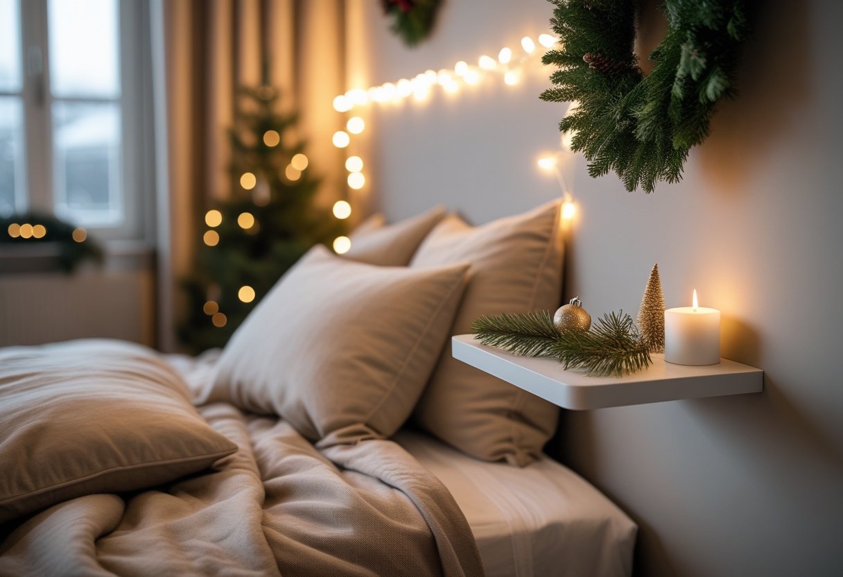 Creating a cozy Christmas atmosphere in the bedroom with a wall-mounted bedside table can be translated to:Sådan skaber du en hyggelig julestemning i soveværelset med et væghængt sengebord